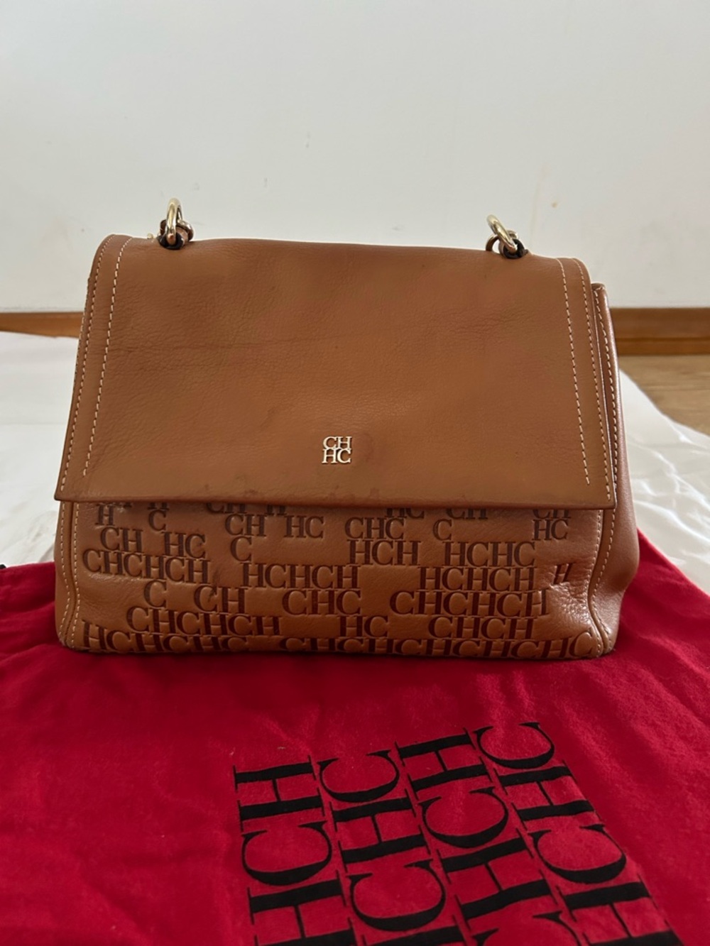 Carolina Herrera Brown Logo Leather Shoulder Bag with Gold Hardware
